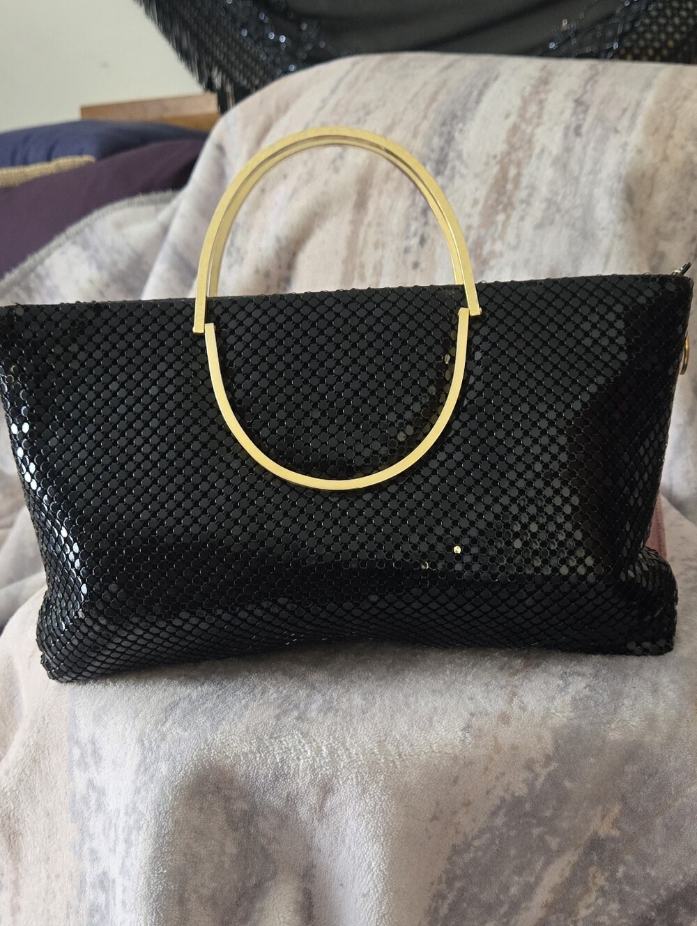 Black Mesh Clutch with Gold Handle